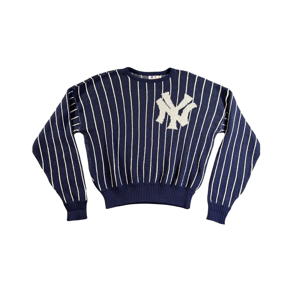 Vintage MLB New York Yankees Sweater Mens XL Blue Pinstripe Knit Clif Engle Crew